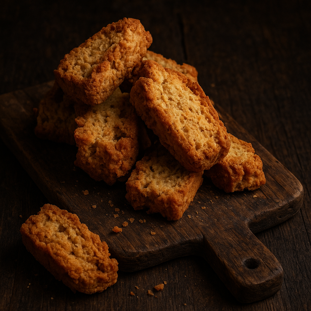 Stack of Hellbent Biskuit/Rusks — traditional South African twice-baked rusk for dunking on a wooden cutting board with a dark background