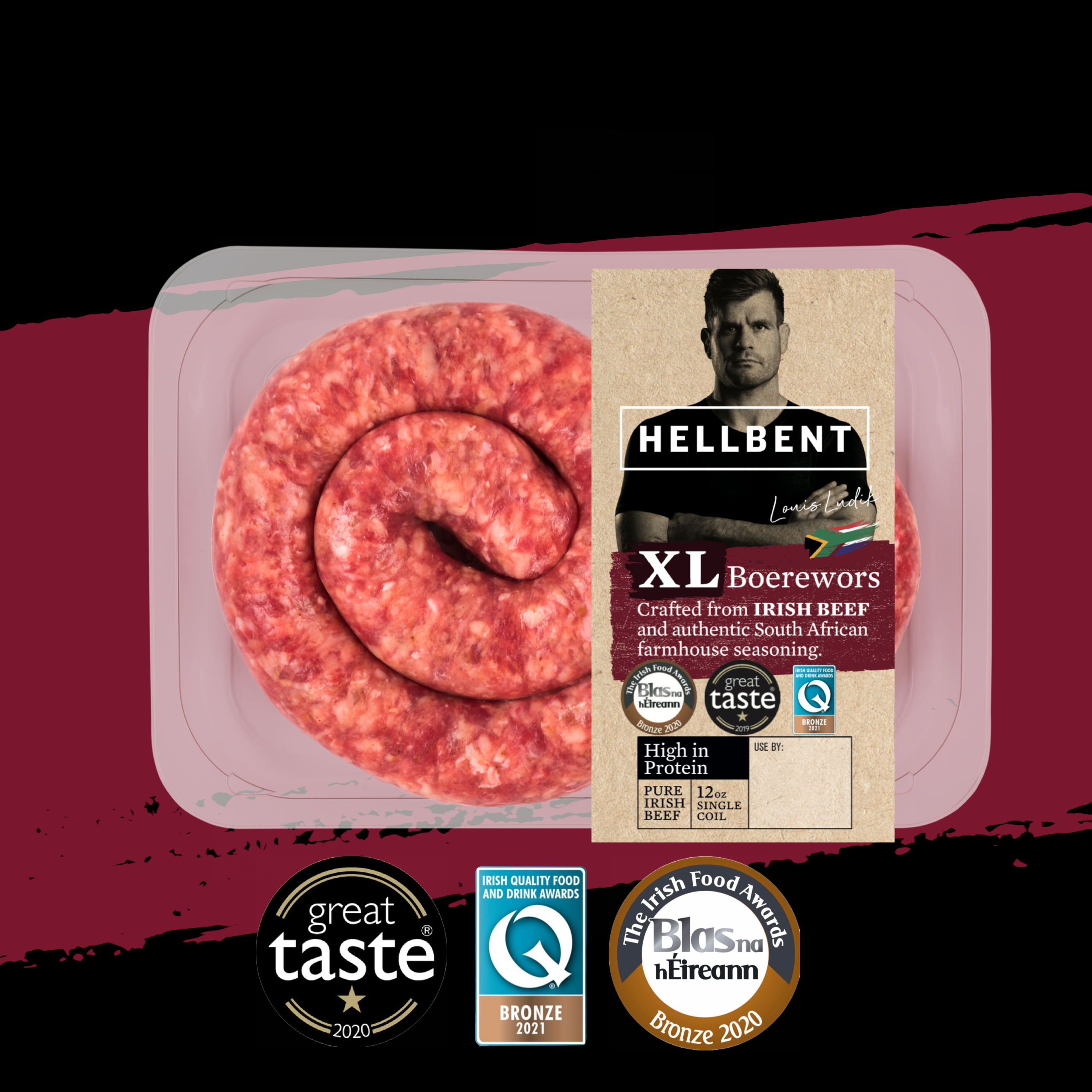 Packaged thick South african style boerewors sausage made from Irish beef, displayed on a clear plastic tray with branding and awards information.
