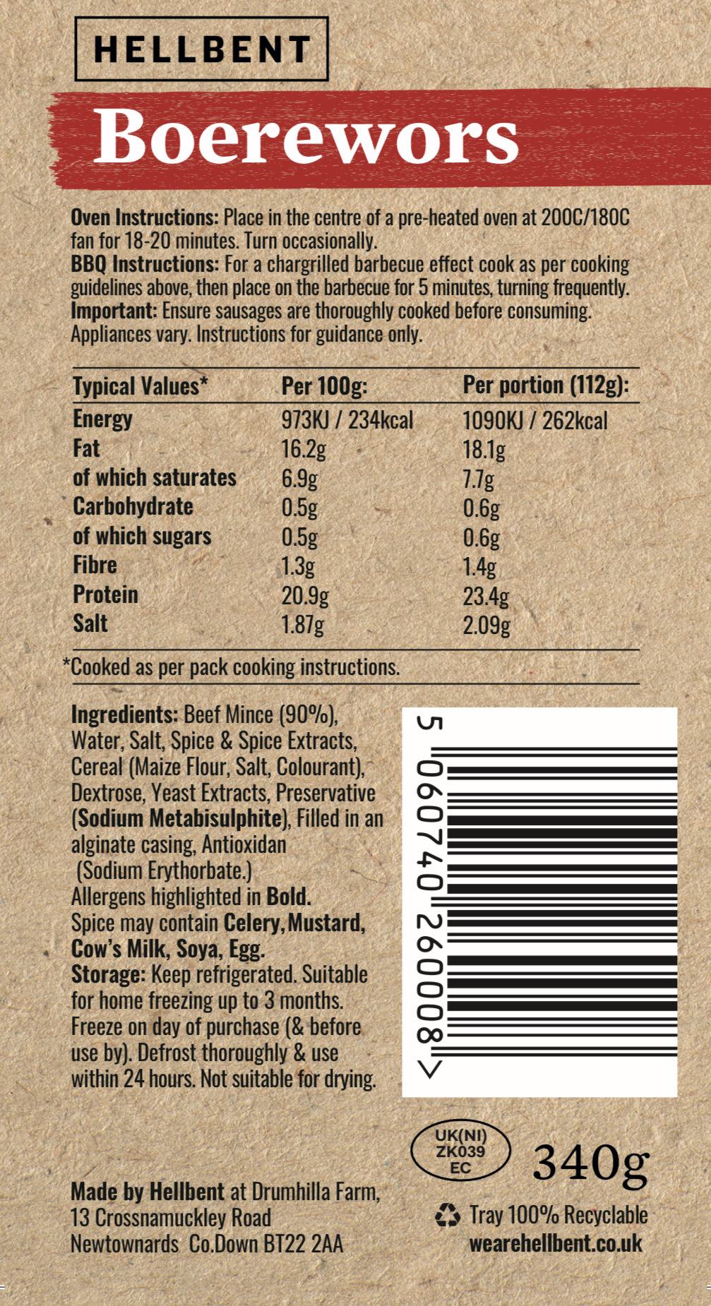 Hellbent Boerewors 340g back label showing ingredients, nutritional information and cooking instructions